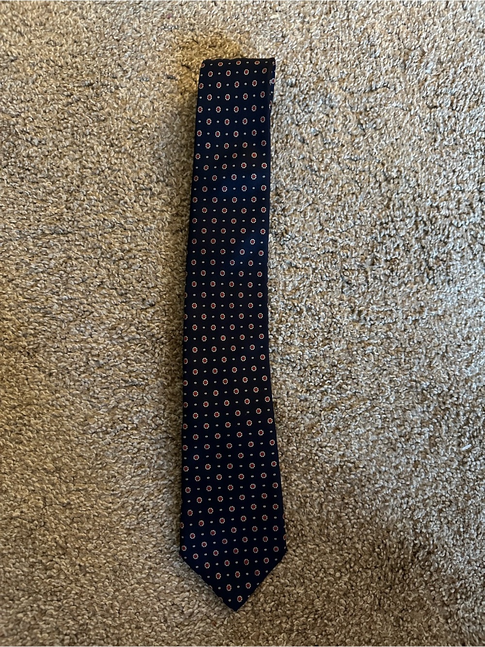 Men's Navy Tie with Small Red Dot Pattern